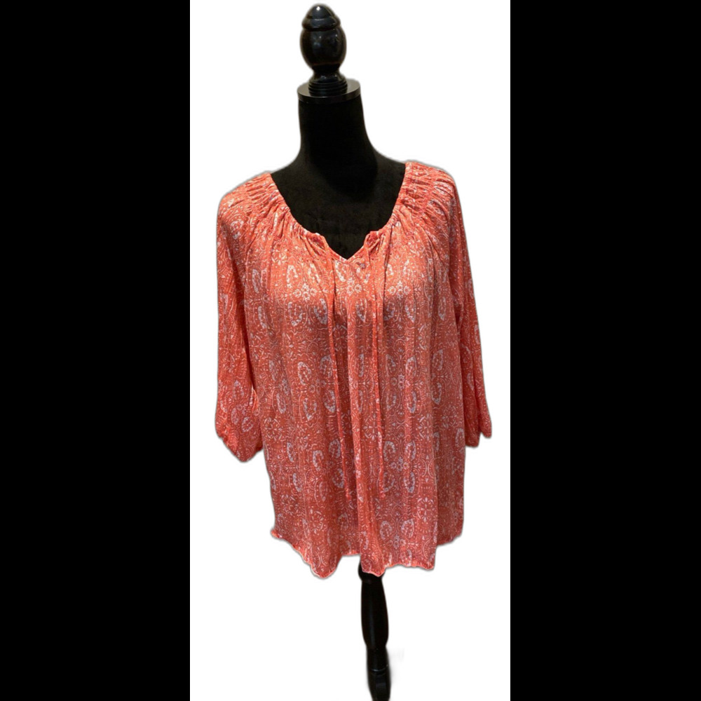 Faded Glory Boho Blouse Peasant Top Oversized Large Orange Pullover‎ 3/4 Sleeve